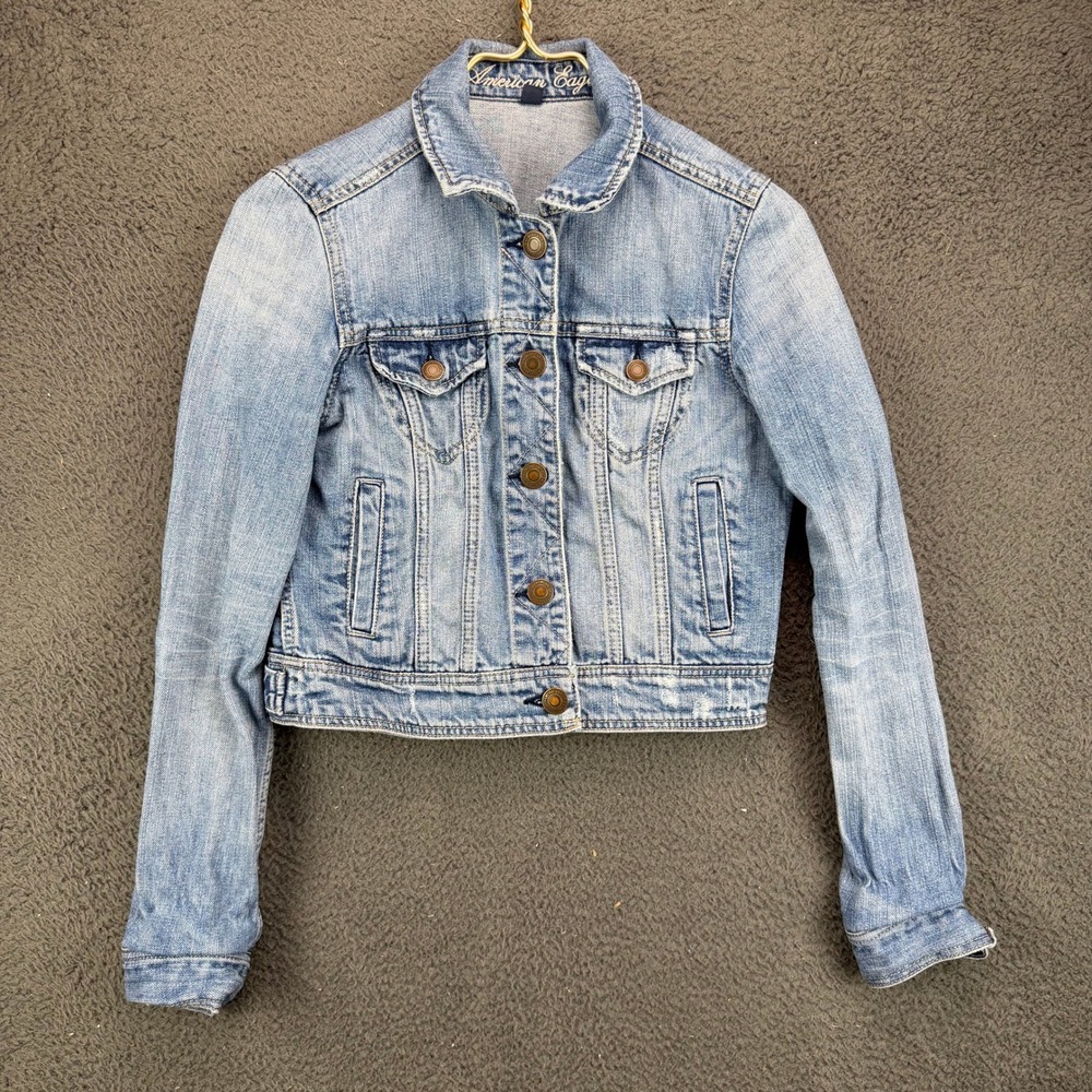 American Eagle Womens Blue Denim Jacket Light Wash Cropped Distressed Small